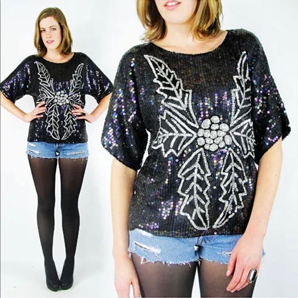 80s Ugly Christmas Sequin Beaded Silk Blouse Top M